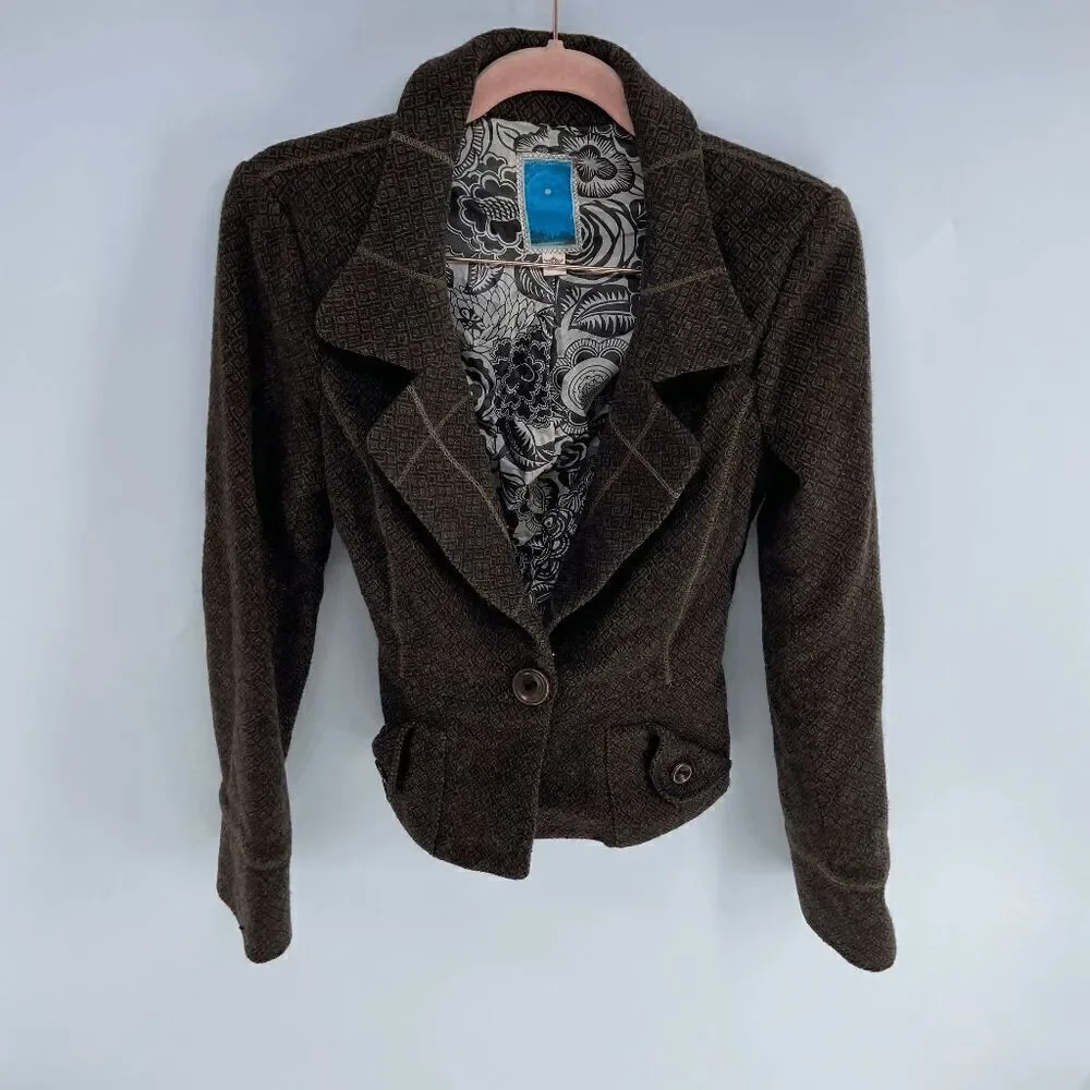 Anthropologie burning Torch Womens Brown geometric single button blazer XS